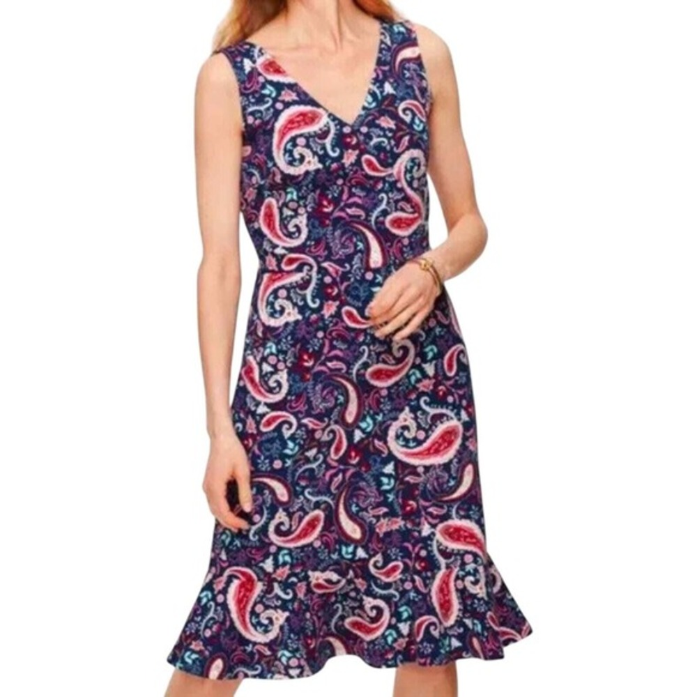 Talbots Paisley Print Dress Sleeveless V Neck Knee Length Ruffle Hem Casual L
